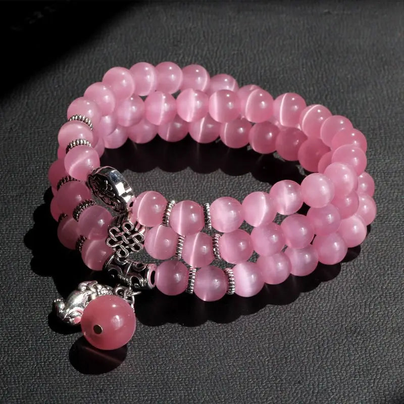 Cat Eye Bracelet for Women White Silver Beads