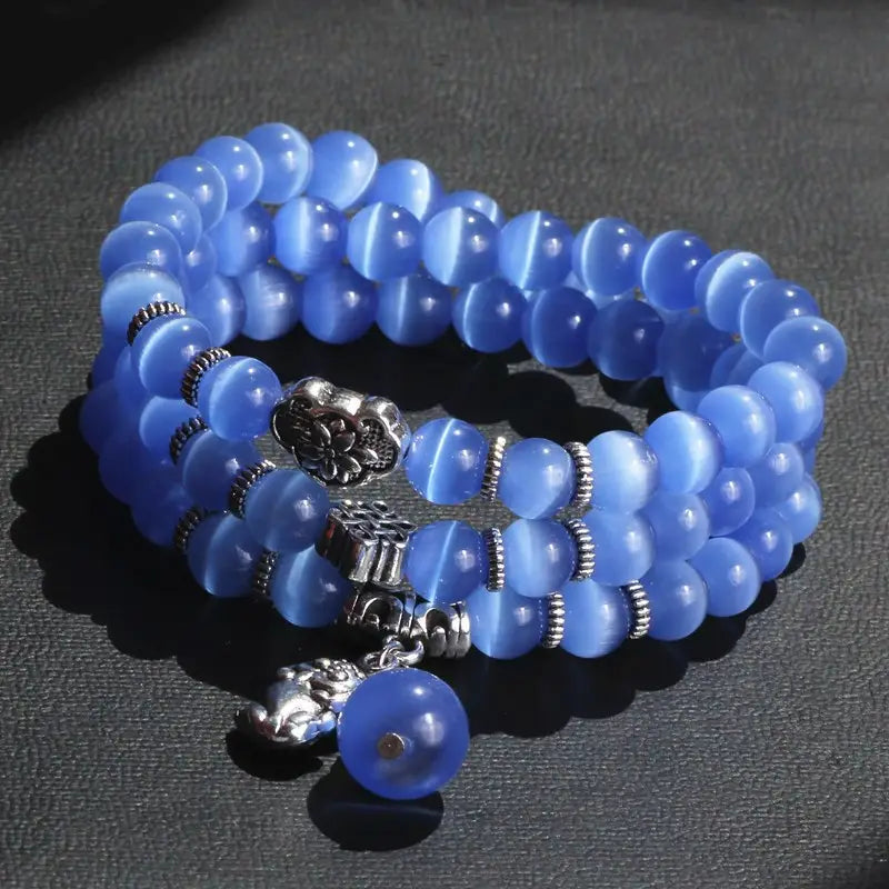 Cat Eye Bracelet for Women White Silver Beads