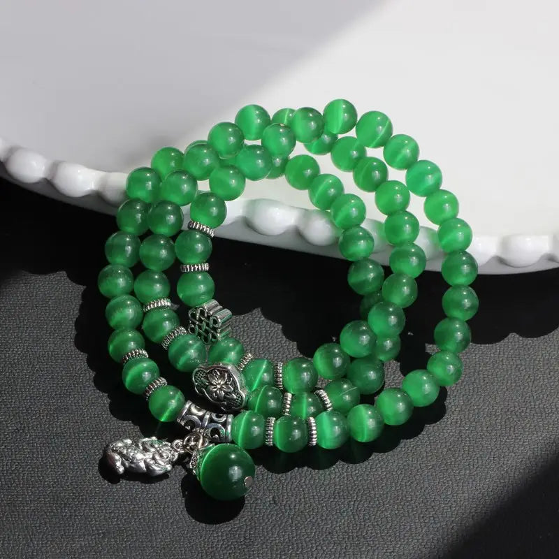 Cat Eye Bracelet for Women White Silver Beads