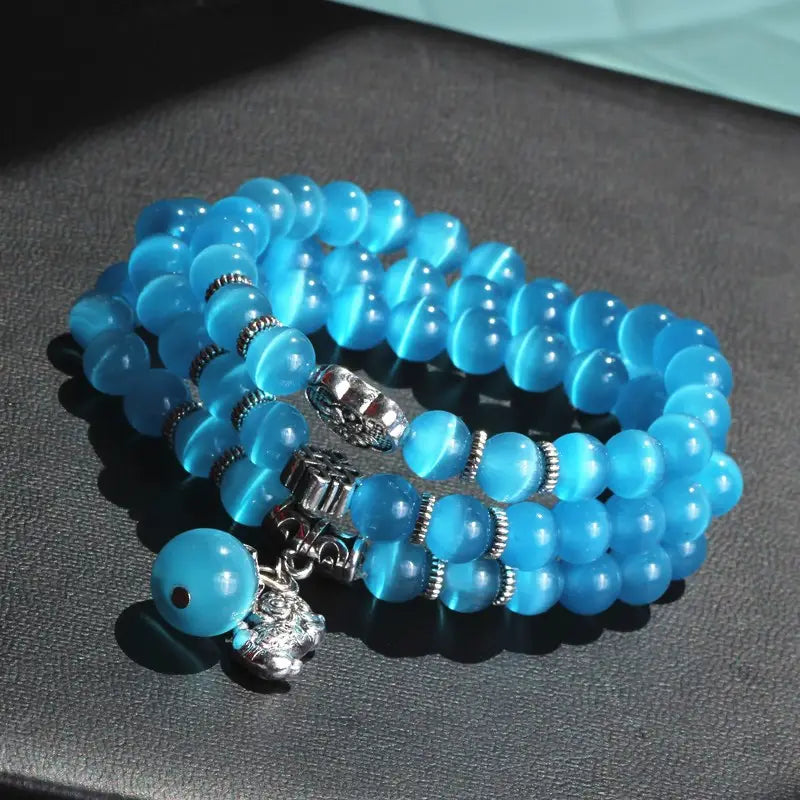 Cat Eye Bracelet for Women White Silver Beads