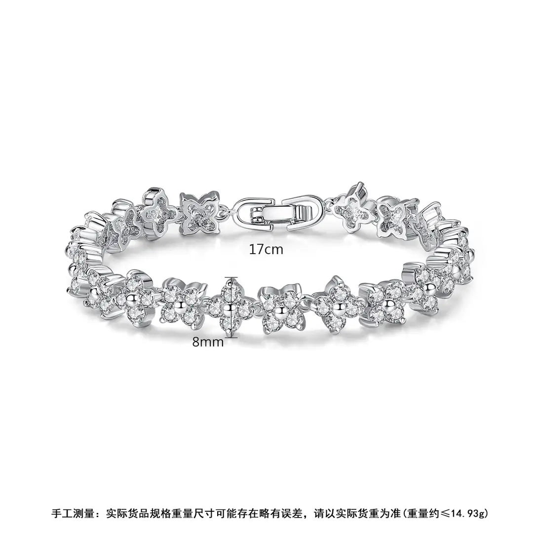Silver Flower Bracelet for Women with Sparkling Stones