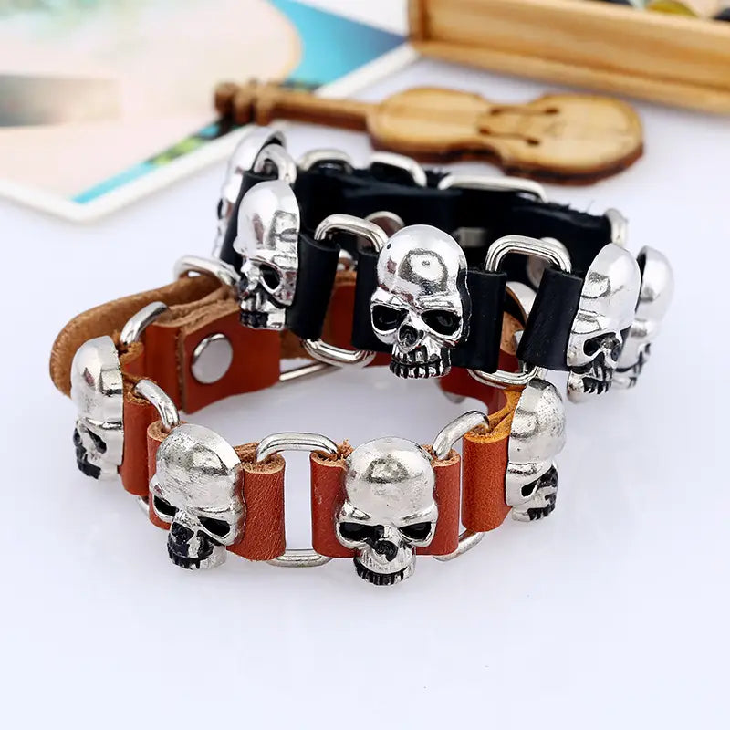 Black Leather Skull Bracelet for Men Women Punk Style