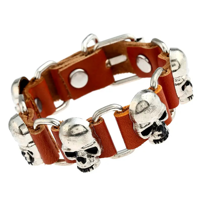 Black Leather Skull Bracelet for Men Women Punk Style