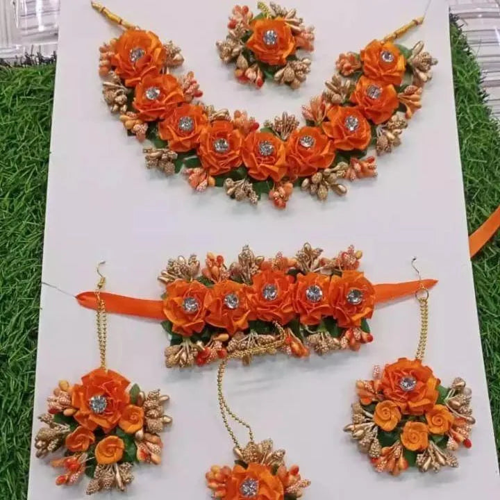 Floral Mehndi Jewelry Set Yellow Red Alloy