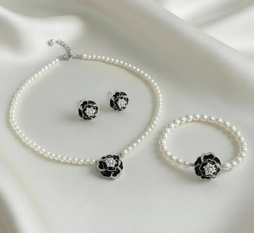 Black Floral Pearl Necklace Set for Women