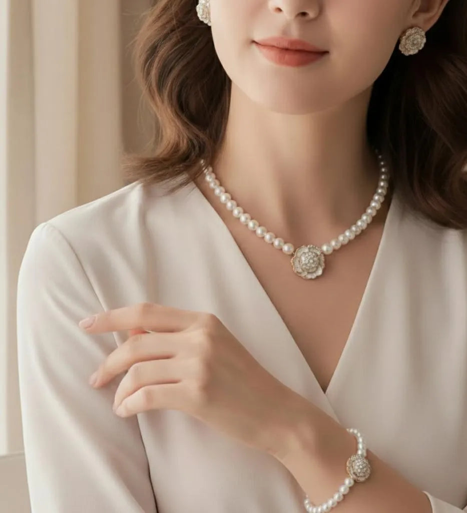 Black Floral Pearl Necklace Set for Women