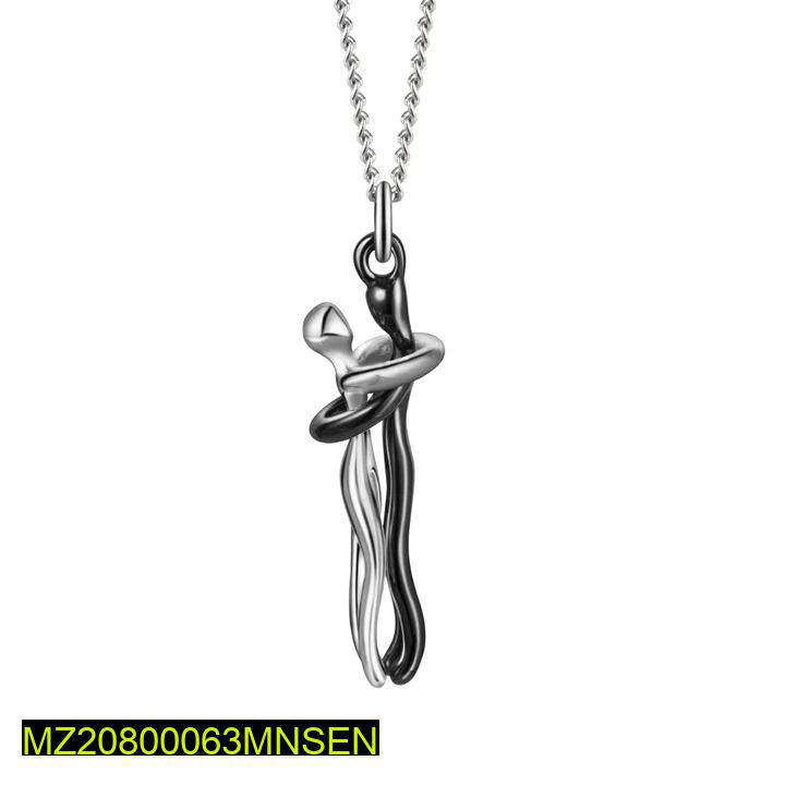 Couple Hugging Pendant Necklace Black Silver 45cm
