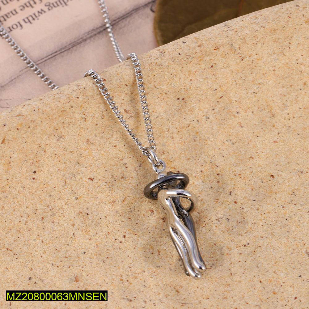 Couple Hugging Pendant Necklace Black Silver 45cm