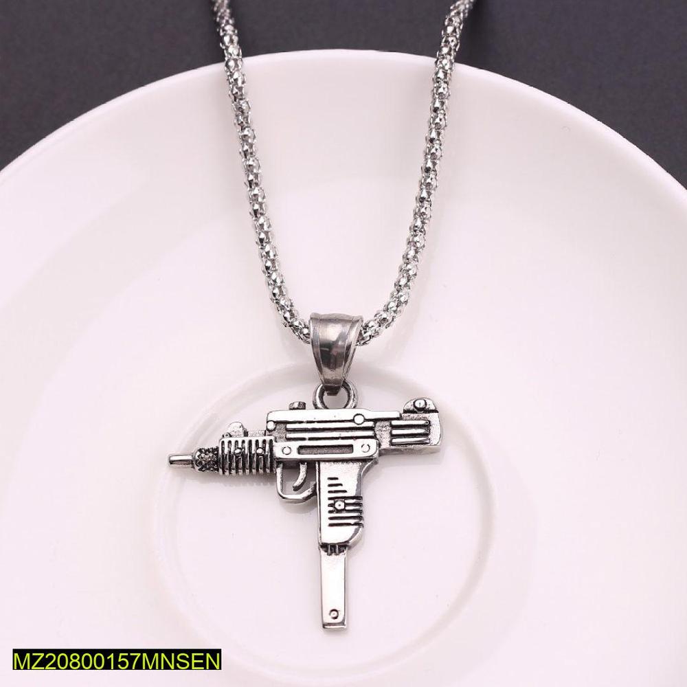 Gun Shaped Silver Plated Pendant Necklace 60cm for Men