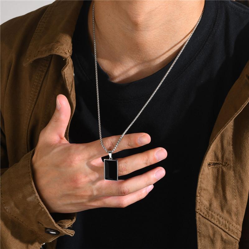 Stainless Steel Black Square Pendant Necklace for Men