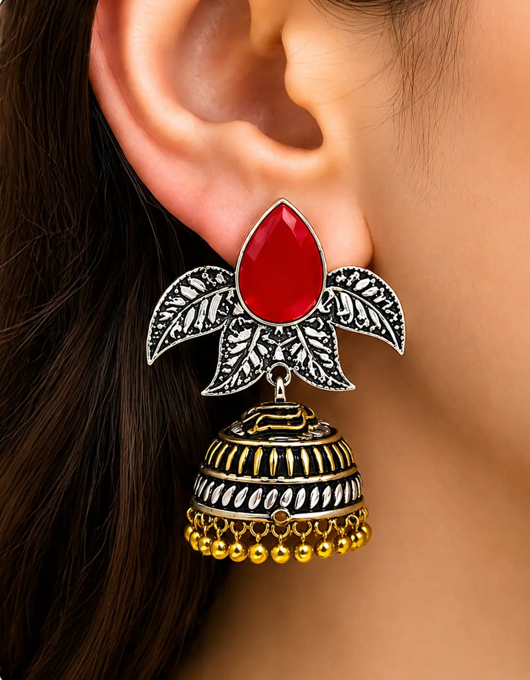 Elegant Leaf Oxidized Jhumka Earrings