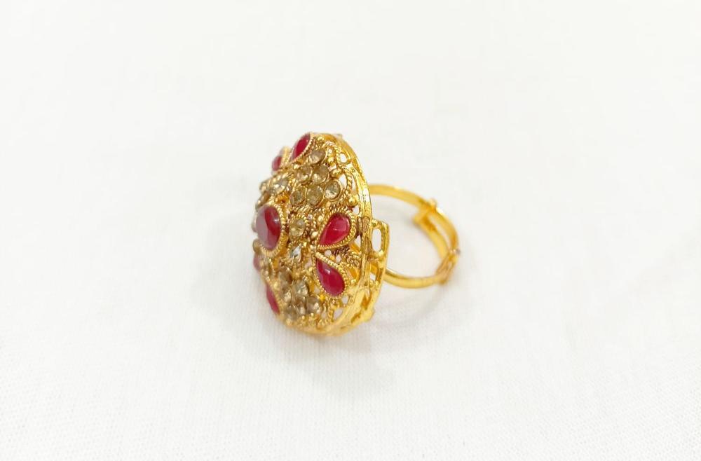 Golden Polish Adjustable Ring with Red Stones for Men