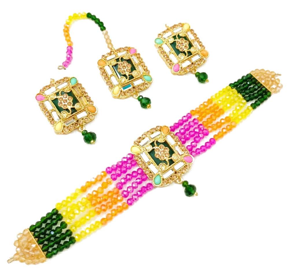 Gold Plated Choker Set with Maroon White Stones for Women