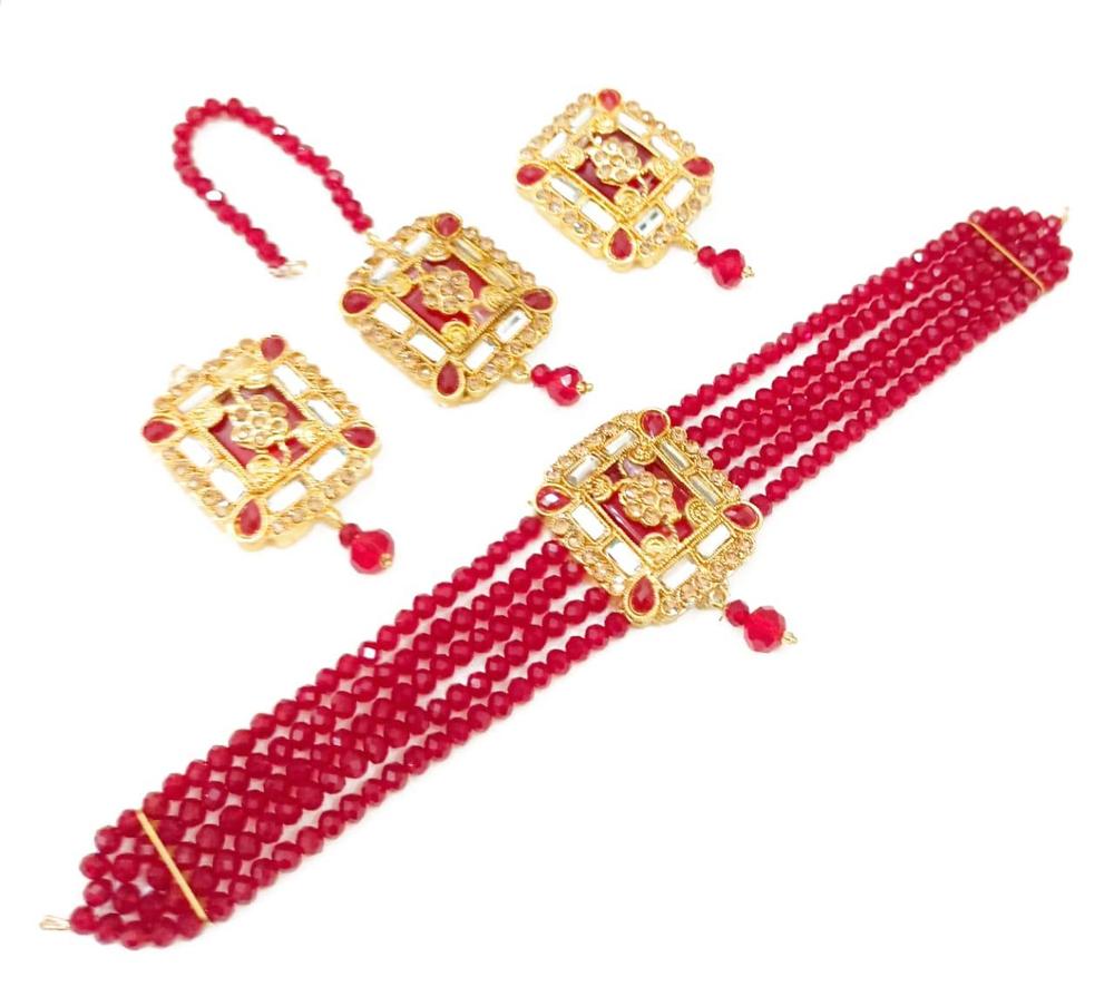 Gold Plated Choker Set with Maroon White Stones for Women