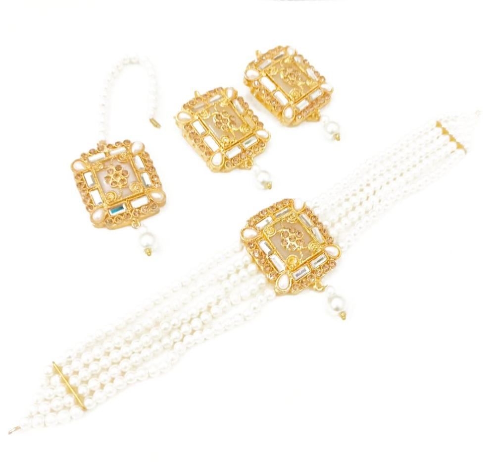 Gold Plated Choker Set with Maroon White Stones for Women