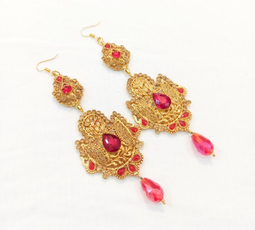 Red Earrings with Gold Filigree & Teardrop Stones
