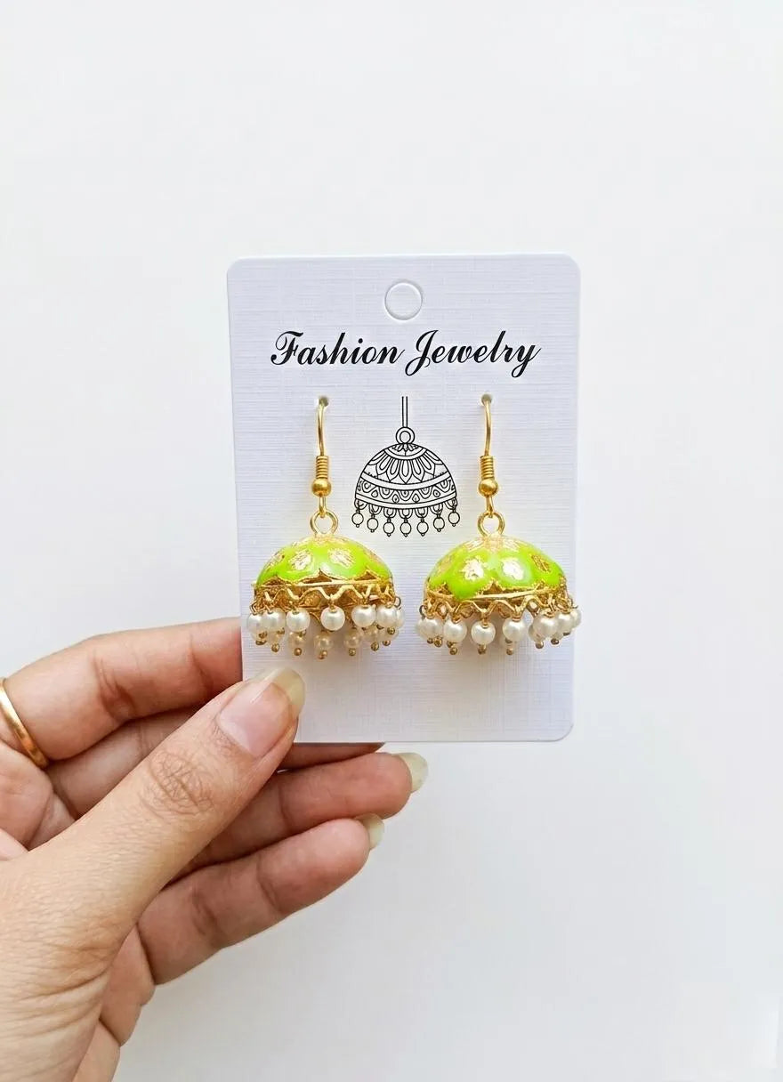 Green Enamel Jhumkas Earrings for Women