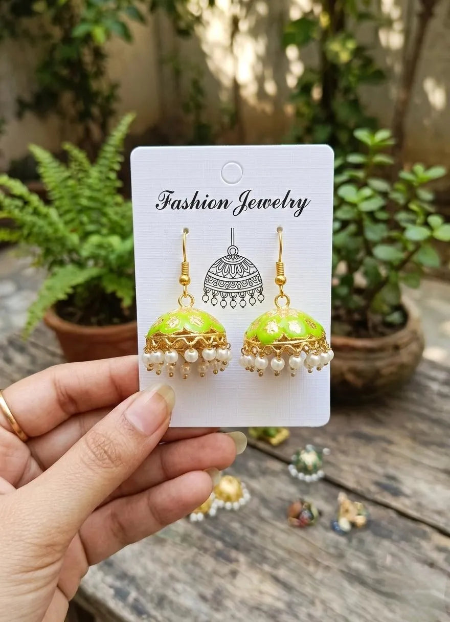 Green Enamel Jhumkas Earrings for Women