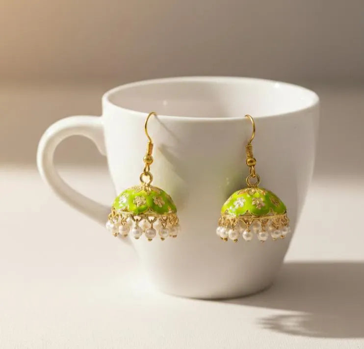 Green Enamel Jhumkas Earrings for Women