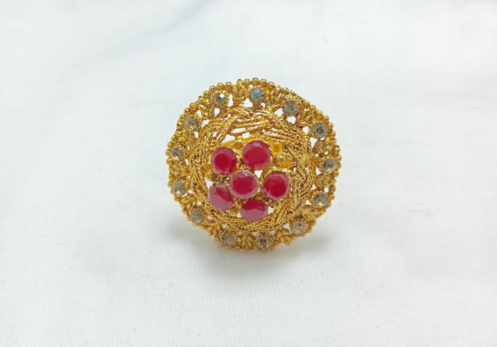 Gold Plated Zircon Ring with Maroon Stones Adjustable Size