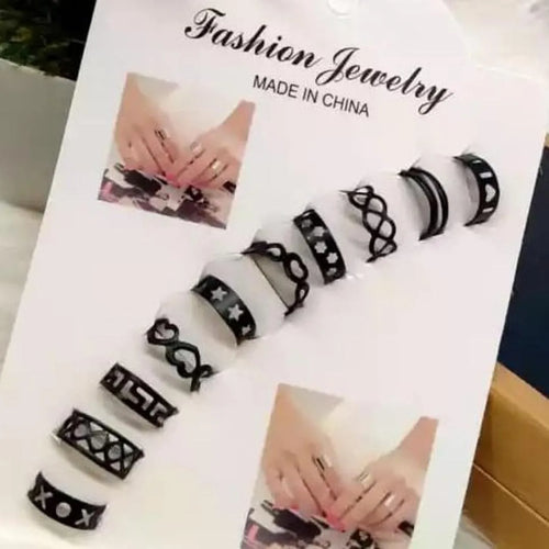 10-Piece Adjustable Ring Set Black Gold Silver Pakistani Fashion