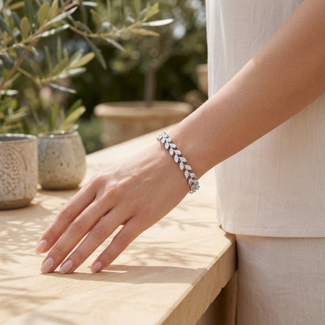 Zircon Rice Bracelet for Women, Silver, Wicker Leaf Design